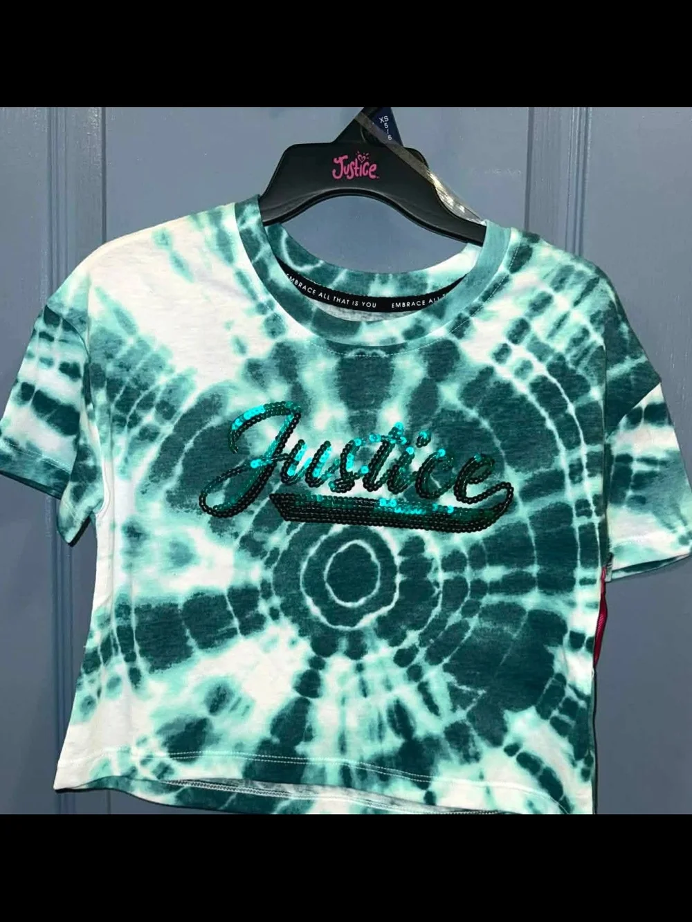 Justice Teal Tie-Dye Sequin Logo Crop Tee